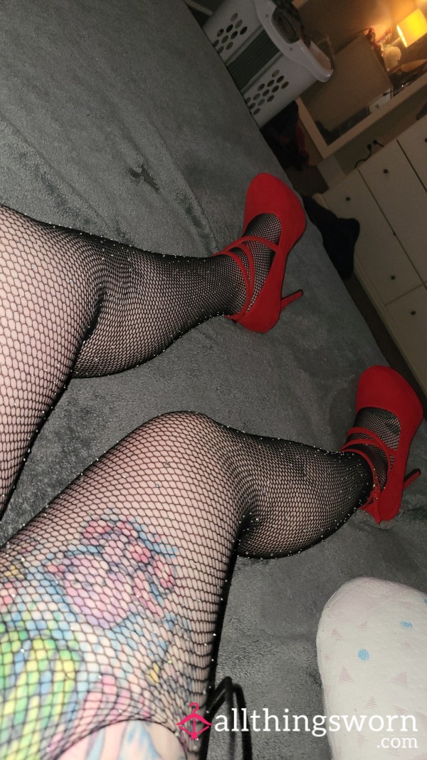 Black Lingerie, Sparkle Fishnets, Red Heels.