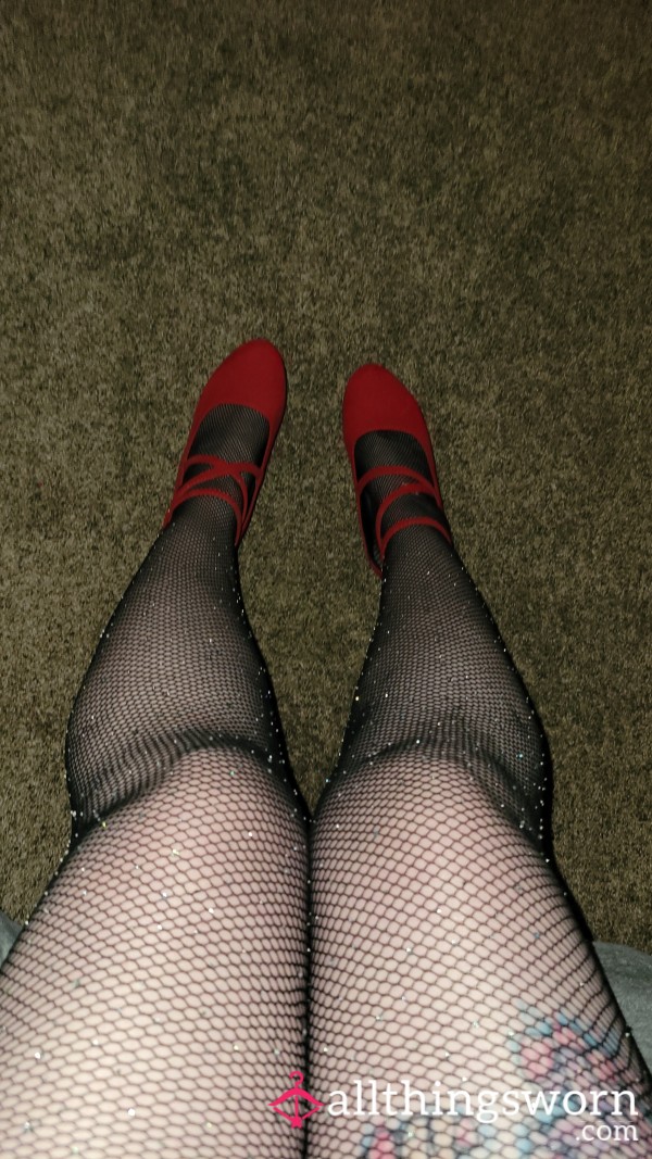 Black Lingerie, Sparkle Fishnets, Red Heels.