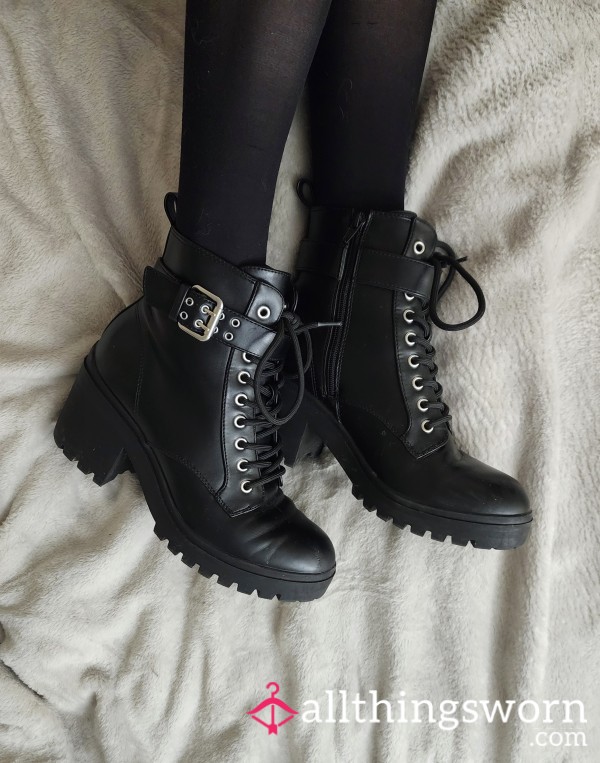 Black Lug Sole Boots Punk With 4-Inch Chunky Platform Heel