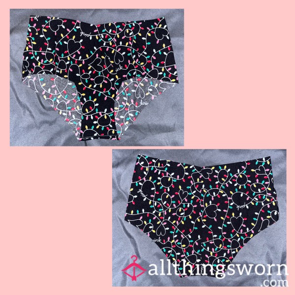 BLACK MULTICOLOURED “VS PINK” CHRISTMAS LIGHTS NO-SHOW PANTIES MEDIUM - WORN FOR 24 HOURS 💦