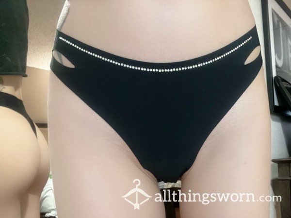 Black No Show Thong With Rhinestones