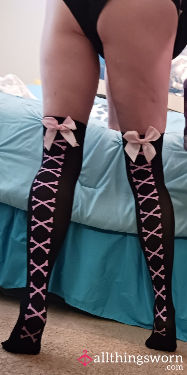 Black Opaque Over The Knee Stockings With Pink Satin Bow With Mock Back Lace Up