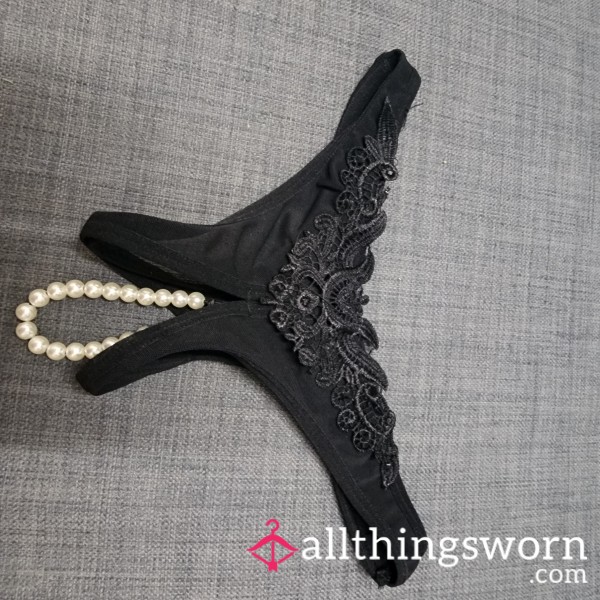 Black Open Beaded G-string/ Thong, Worn And Well Loved! 😍