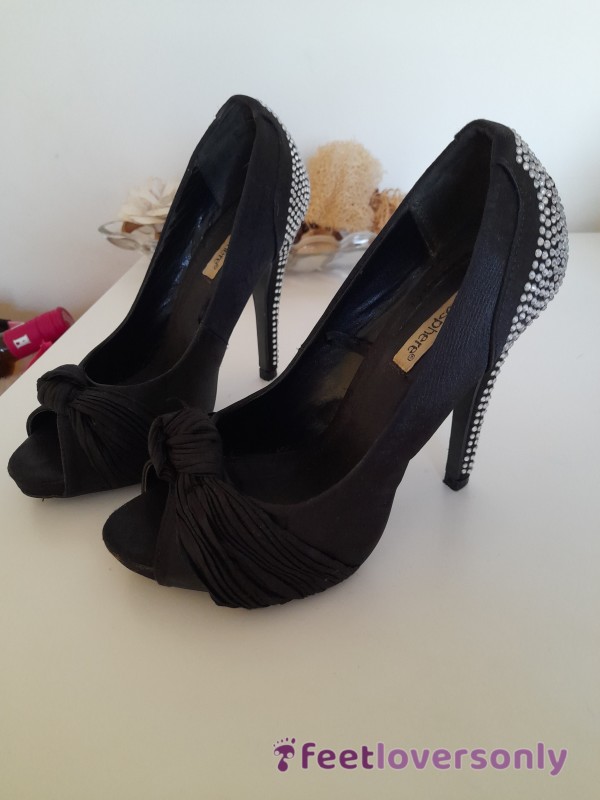 Black Open Toe Stiletto With Diamante Heel