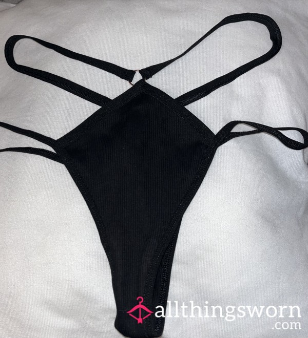 Black Ribbed Thong With String Hip Detail