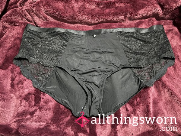 ~BLACK SATIN & SIDE LACE CHEEKY PANTY WITH FRONT GEM~