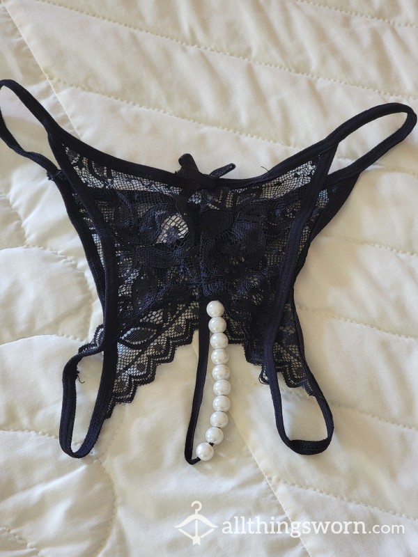 Black S**y Lace T- Back Low Rise G-string With Pearl Balls