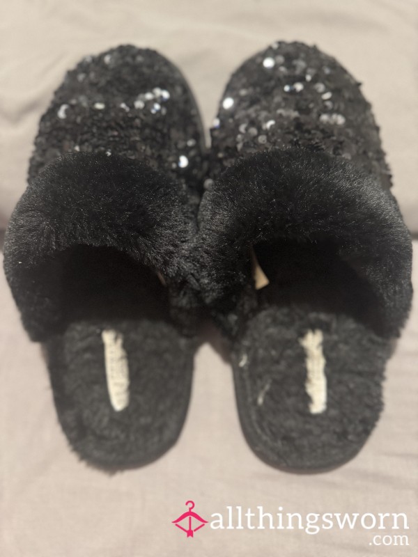 Black Sparkly Well Worn Size 7 Slippers, Dirty Bottoms And Foot Indents Inside