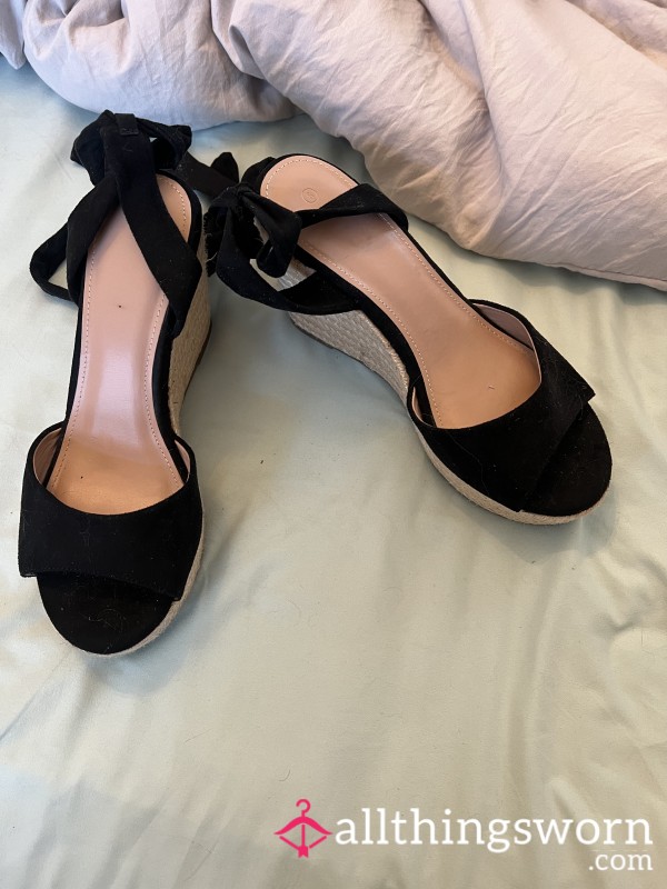 Black Strappy Ankle Wedge Heels