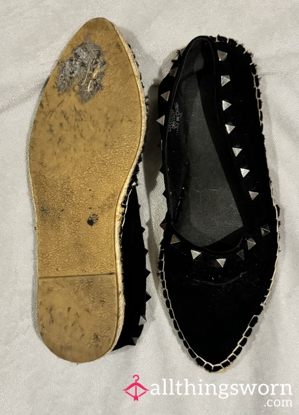 Black Studded Canvas Flats