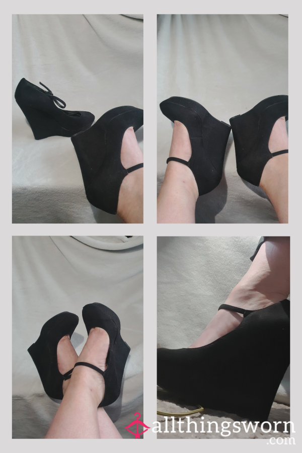 Black Suede High Heel Wedge With Ankle Strap