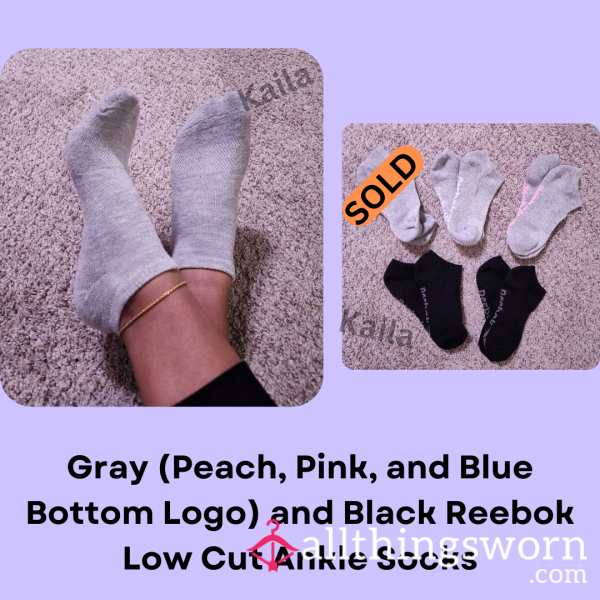 Gray (Peach, Pink, And Blue Logo Bottom) And Black Low Cut Ankle Rebook Socks