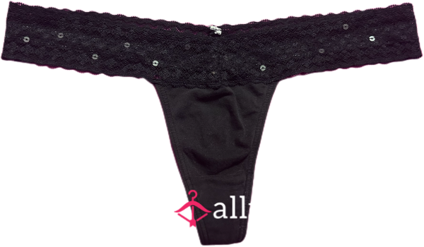 Black Thong With Lace And Sequin Trim