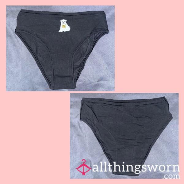 BLACK “VS PINK”HALLOWEEN LITTLE GHOST DOG CHEEKY COTTON FULLBACK PANTIES MEDIUM - WORN FOR 24 HOURS 💦