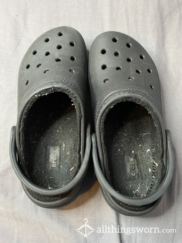 Black Well Worn Fuzzy Crocs