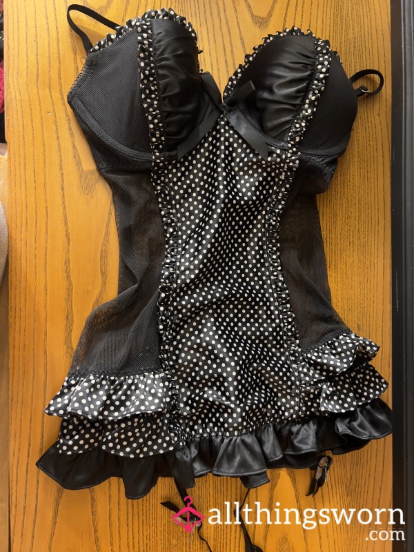 Black & White Polka Dots And See Through Lace. Ruffle, Attached Garters. Well Worn, Great Condition. Size Medium. Adjustable Straps. VS