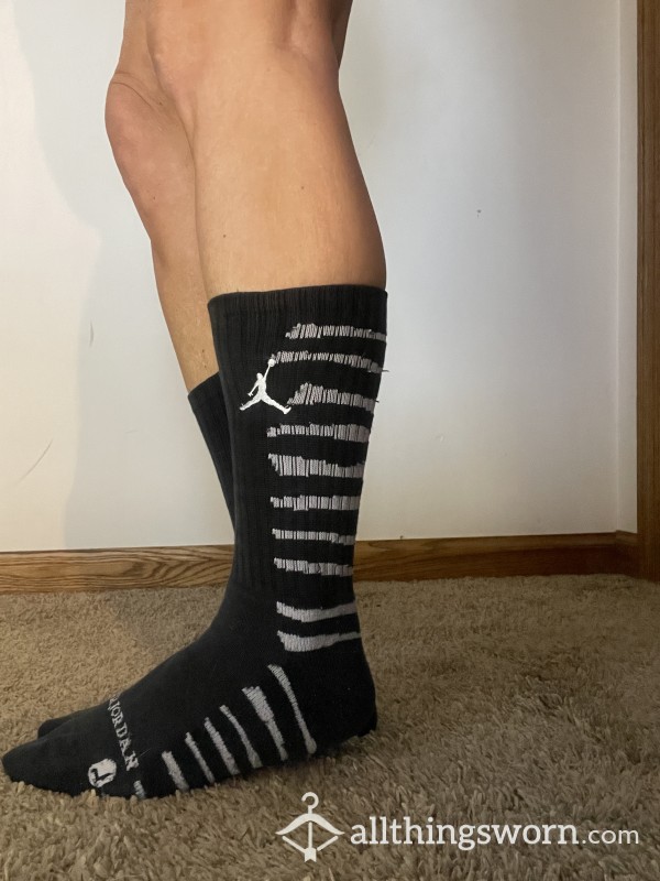 JORDAN VINTAGE CREW SOCKS Well Worn Cotton Black With Grey Stripes