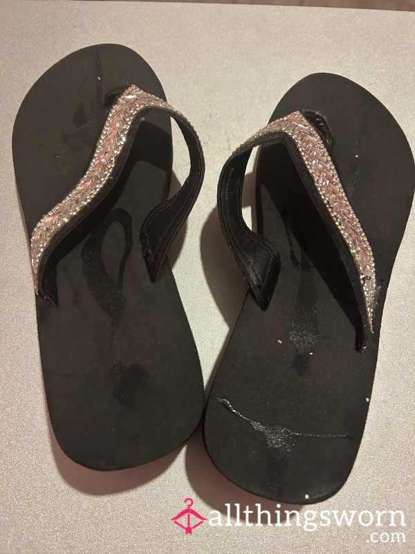 Size 5UK Black Worn Flip Flops With Silver Details