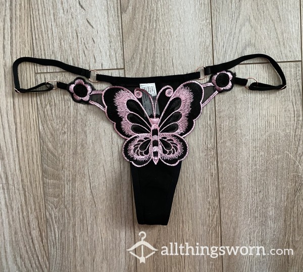 Black/Pink Mesh Bu*terfly Thong - Worn Your Way