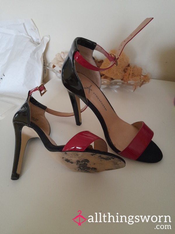 Black/red Paintent Open Toe Stilettos Size 6