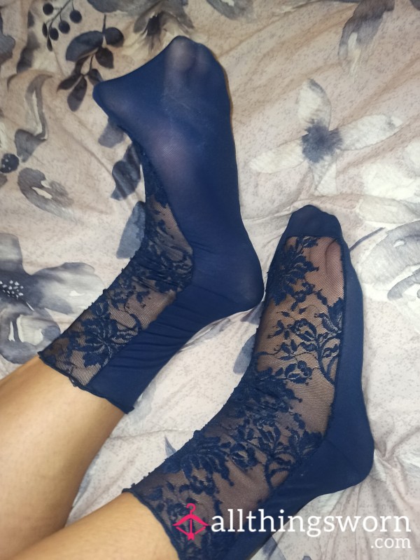 Blu Lace Nylon Socks Calzini Gambaletti Pizzo