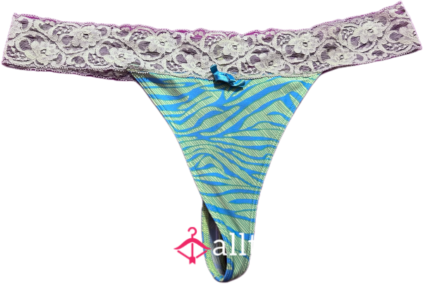 Blue And Green Zebra Lace Trim Thong