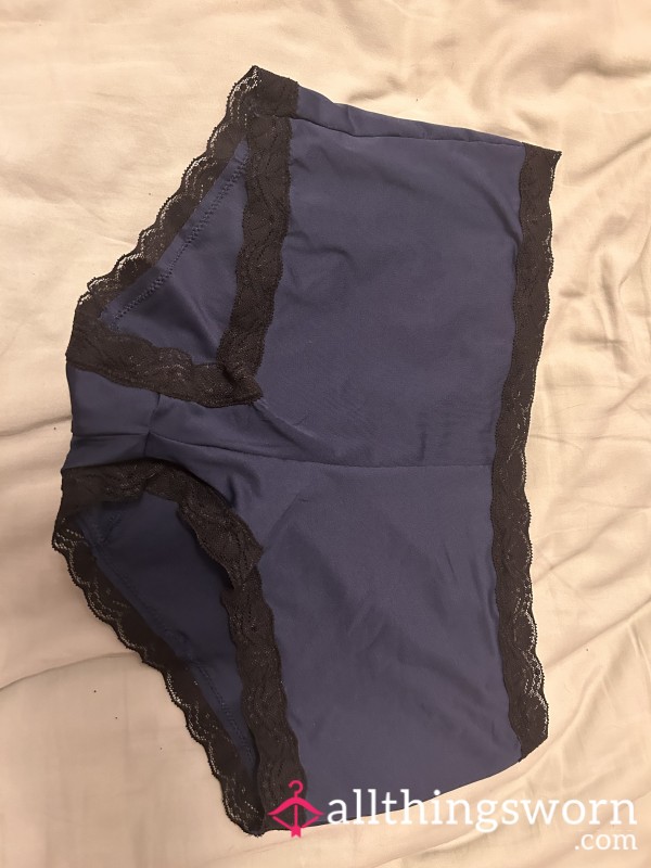 Blue Boyshorts Panties With Black Lace