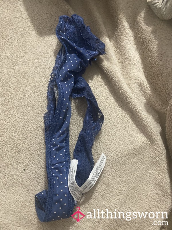 Blue Discharge Polka Dot Thong With Lace