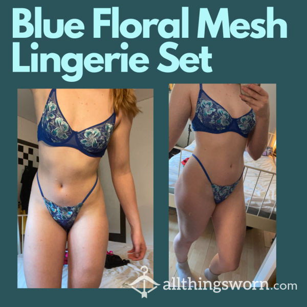 Blue Flor*l Mesh Lingerie Set