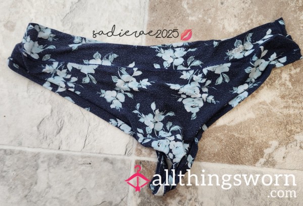 Blue Flor*l, Well-worn Thong, Includes 48 Hours Of Wear