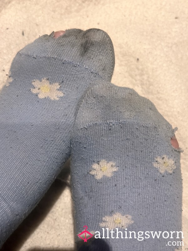 Blue Flower Socks - Mismatched And Holey