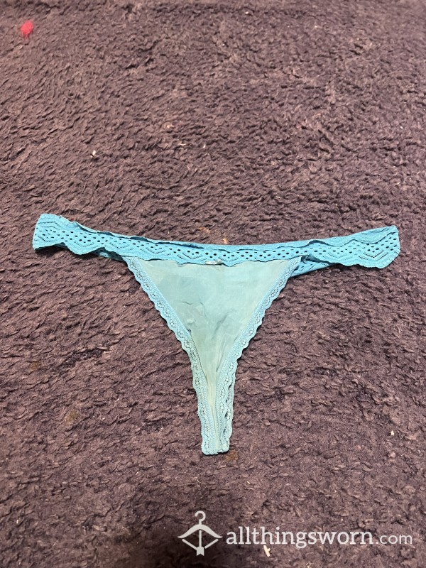 Blue Nylon Thong W/Lace Trim