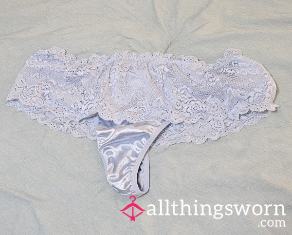 Blue Satin Thongs With Lace Trim