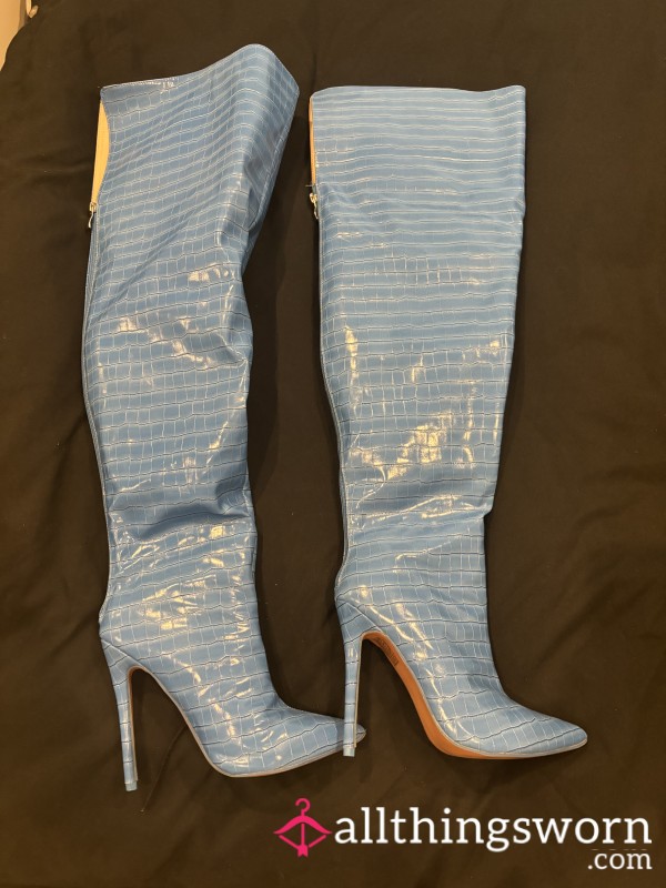 Blue Snakeskin Leather Thigh High Boots Size 3