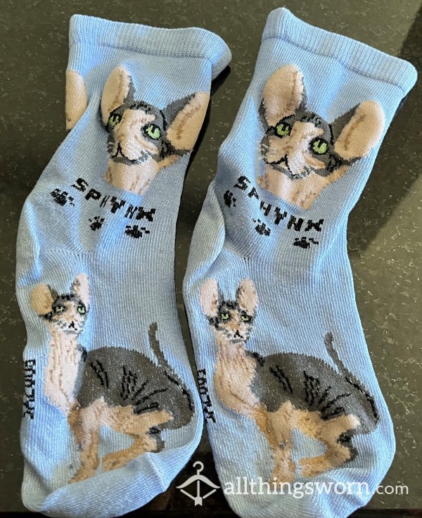 Blue Sphynx Cat Pattern Calf Socks - Small - Sz 6.5