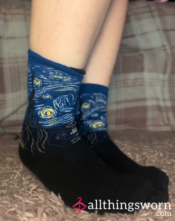 💙 Blue Vincent Van Gogh Crew Socks With 2 Min Video & Proof Of Wear Pics ♡ £3 UK P&P 🇬🇧 Worldwide Shipping Available!