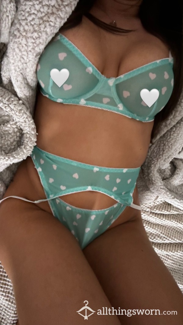 Blue & White Heart Thong Lingerie With Garter