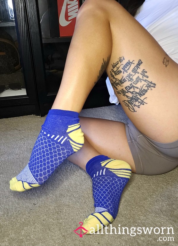 2 For $22 ✨️ Blue & Yellow Socks Short Ankle Socks Mixed Pattern Stripes Shapes Asian Japanese Feet Tattooed Athletic Fitness Model 🧦