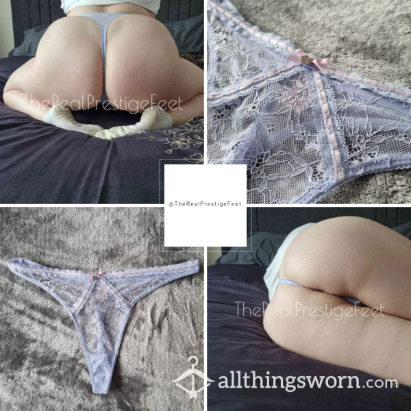 Boux Avenue Pale Blue Lace Thong With Lilac Ribbon Detailing | Size 16 | 2 Days Wear | Includes Pics & Premade Video | See Listing Photos For More Info - From £20.00 + P&P