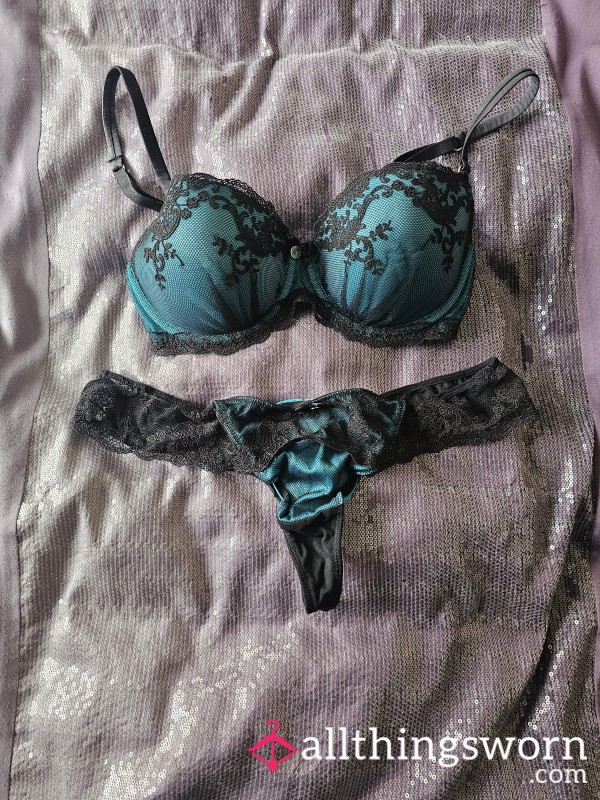 Boux Avenue Turquoise/black Lace Bra & Thong Set Uk 10 32C