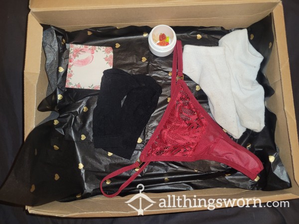 Box Of Goddess Goodies 🖤 Socks, Nylon Socks, Thong, Gummies/pu**ypop, Handwritten Note And Kiss.. 😍💋