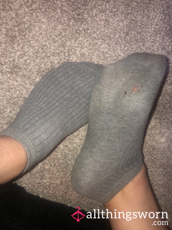 Broken In And Begging To Come Home — Grey Ankle Socks With Worn Soles.