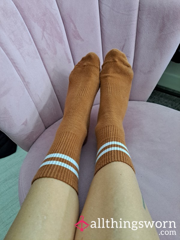 Brown And White Sports Socks - Worn