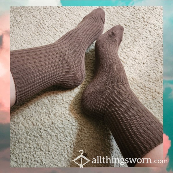 *clearance* Brown Cotton Ribbed Crew Socks