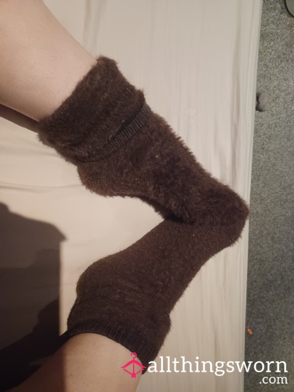 Brown Fluffy Socks, Worn For A Day Hard At Work X