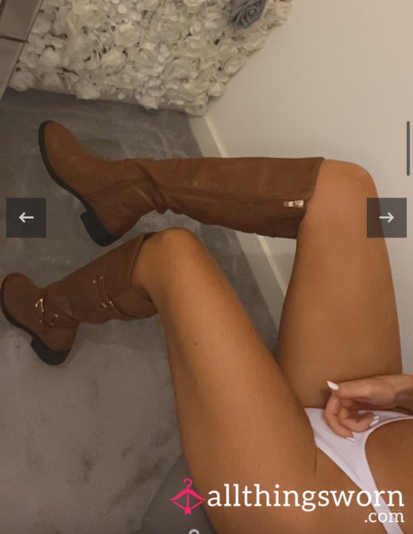 Brown Leather Knee High Flat Boots