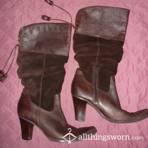 Brown Leather & Suede Cowgirl Boots, With 3” Heel And Ta**els, Size 7.5