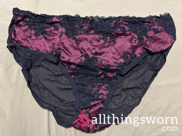 ~BURGUNDY SATIN BLACK LACE MESH STRAP BACK PANTY~