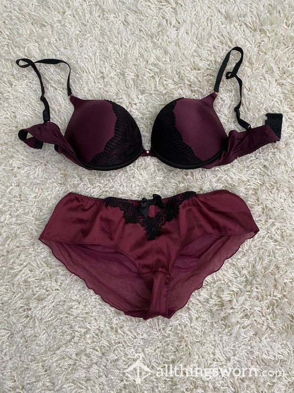 Burgundy Satin Lingerie Set - 36B And Full Back Panties 10-12