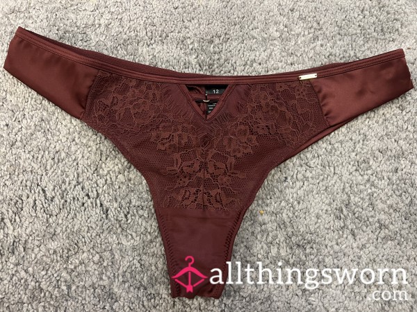 Burgundy/brown Satin And Lace Front Brazilian Thong 🤎